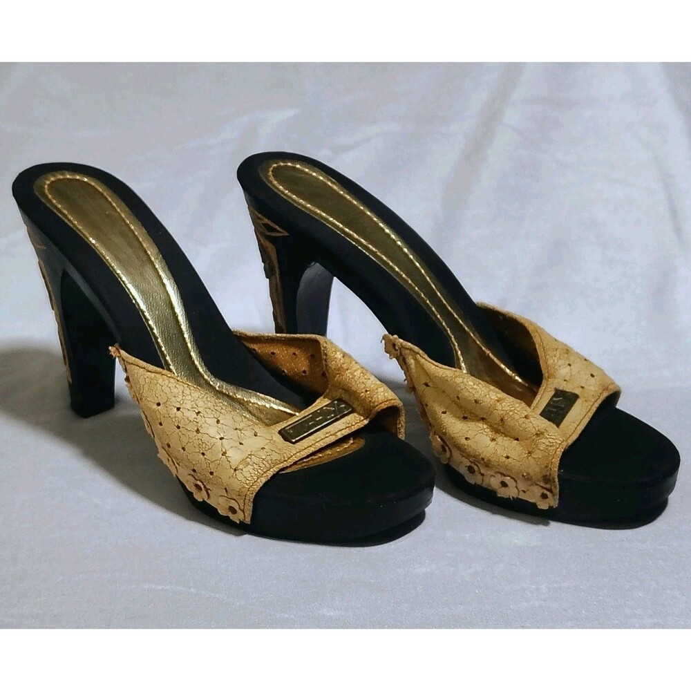 Vintage Carved Wooden Sole Tan High Heel Mule Slip On Sandals Italy Sz 6 Leather